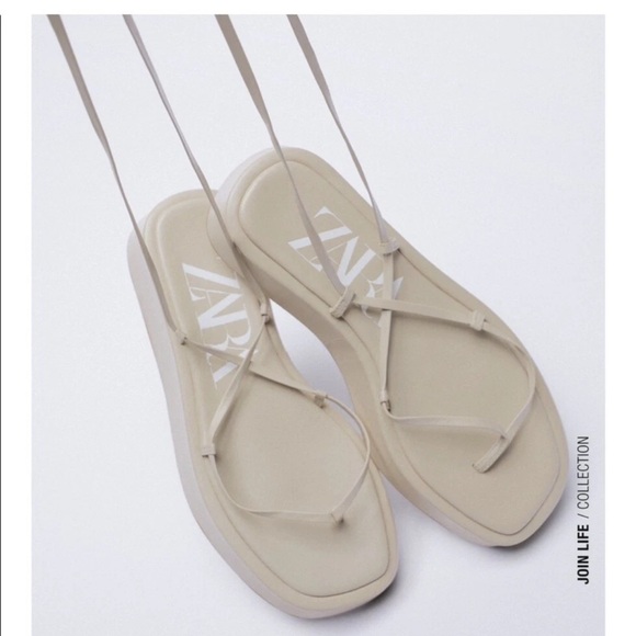 Zara lace up leather nude beige Strappy Platform Sandal shoes flip flop Flatform - Picture 5 of 10